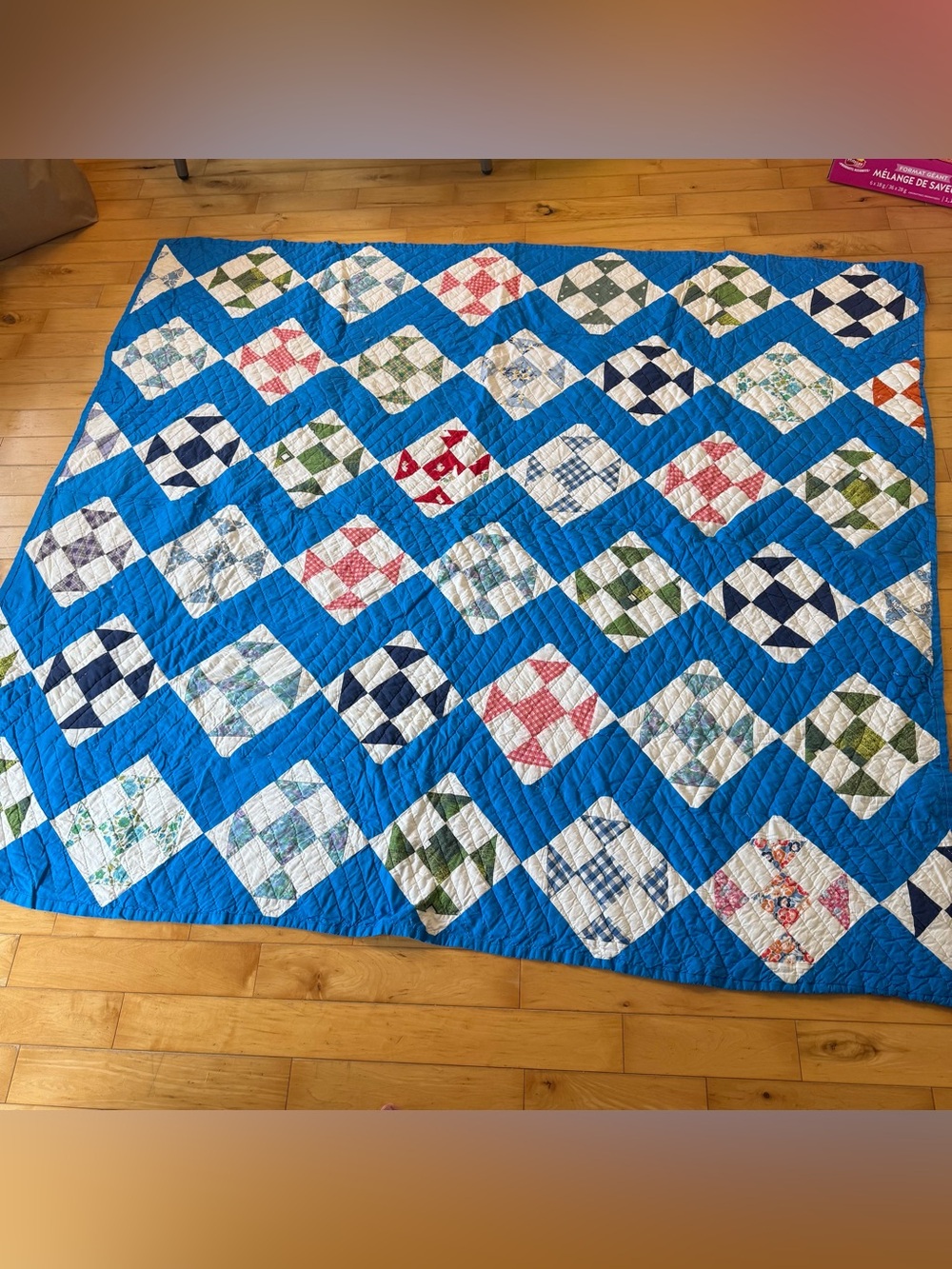 Vintage Handmade Patchwork Quilt - Bright Blue with Multicolor Blocks